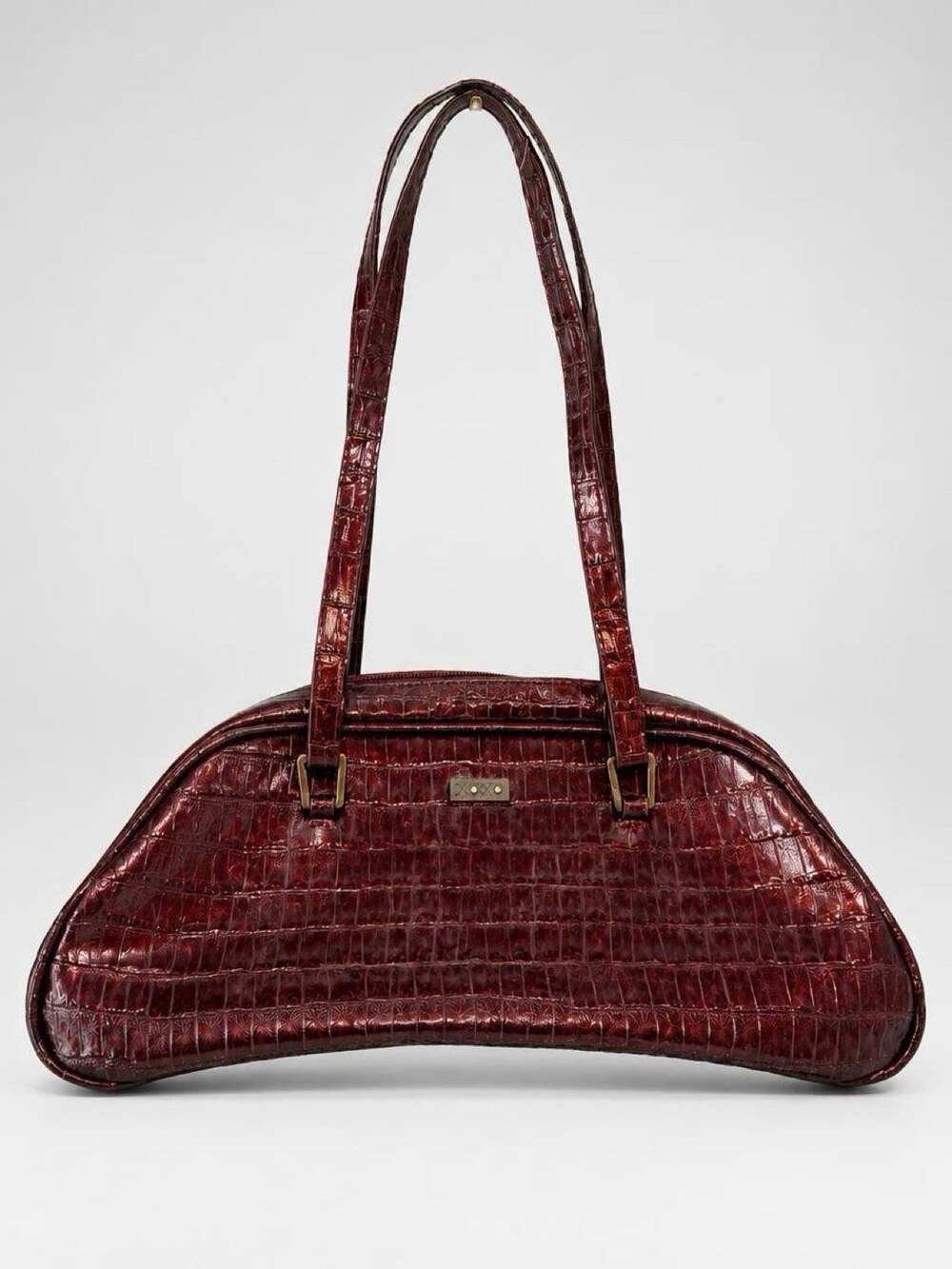Vtg Y2K XOXO Satin Burgundy Faux Leather Baguette Shoulder Bag Crock Embossed